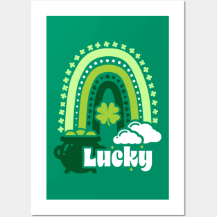 Vintage Lucky Clover Boho Rainbow Leading To A St Patrick's Leprechaun Pot Of Gold Posters and Art